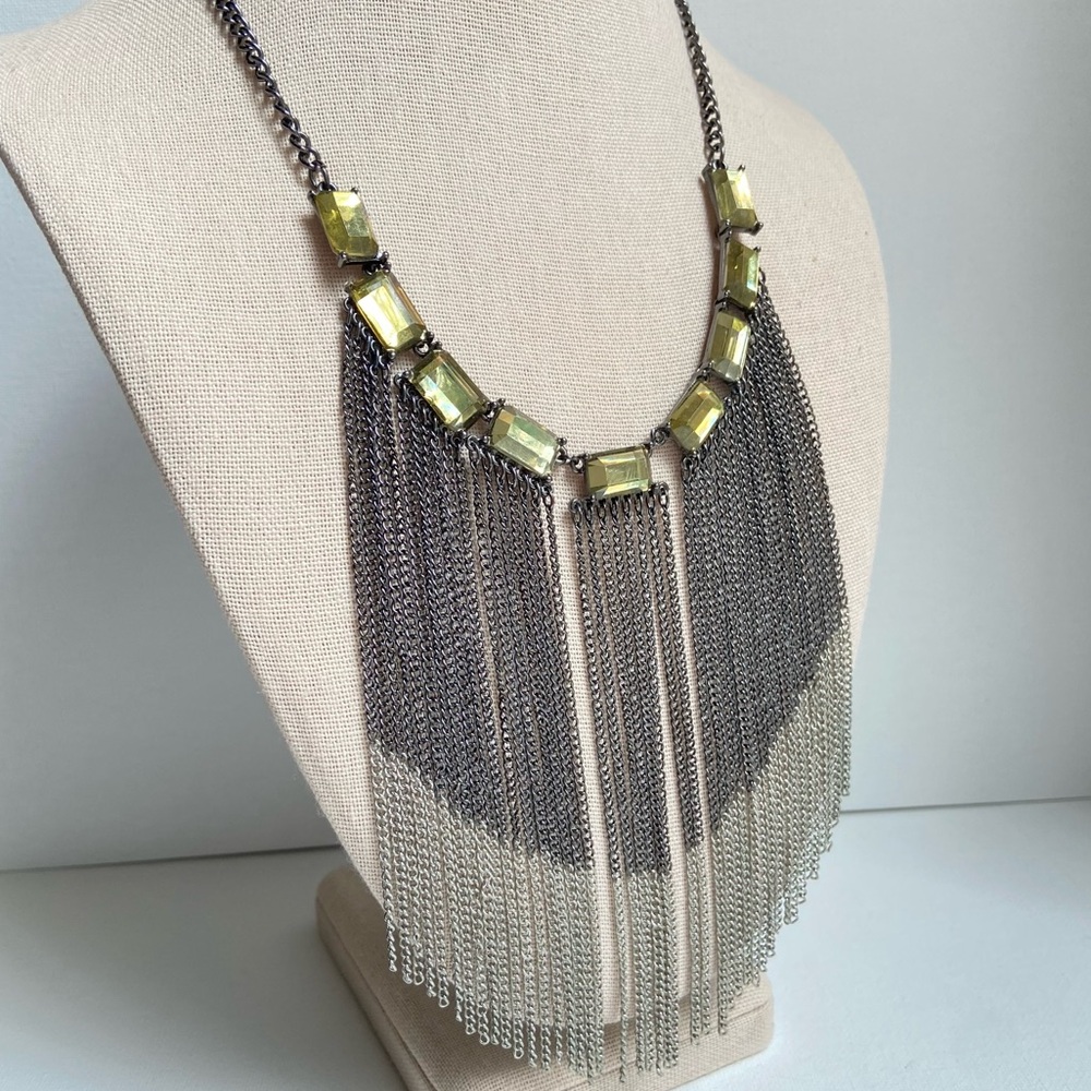 New York and Company long tassel chains bib style necklace gunmetal silvertone